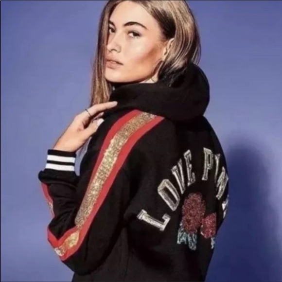 Victoria’s Secret Rose Bling black lace up sequin hoodie L - Picture 2 of 14
